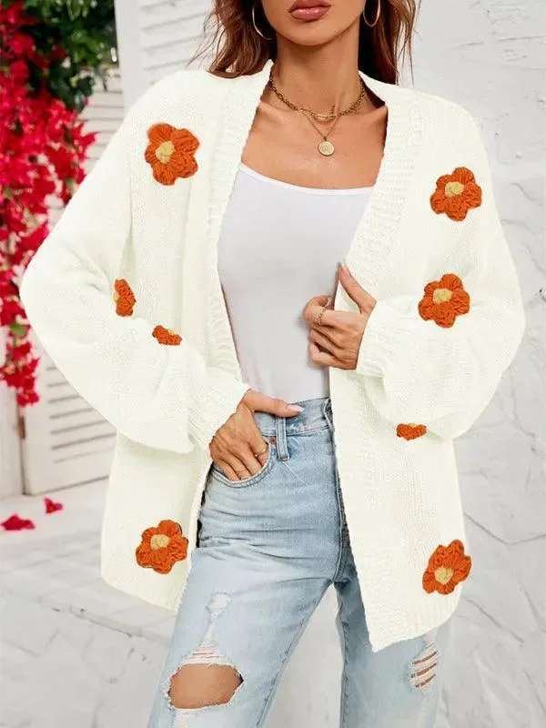 Fashion-Forward Women's Clothing Floral Lantern Sleeves Cardigan Sweater