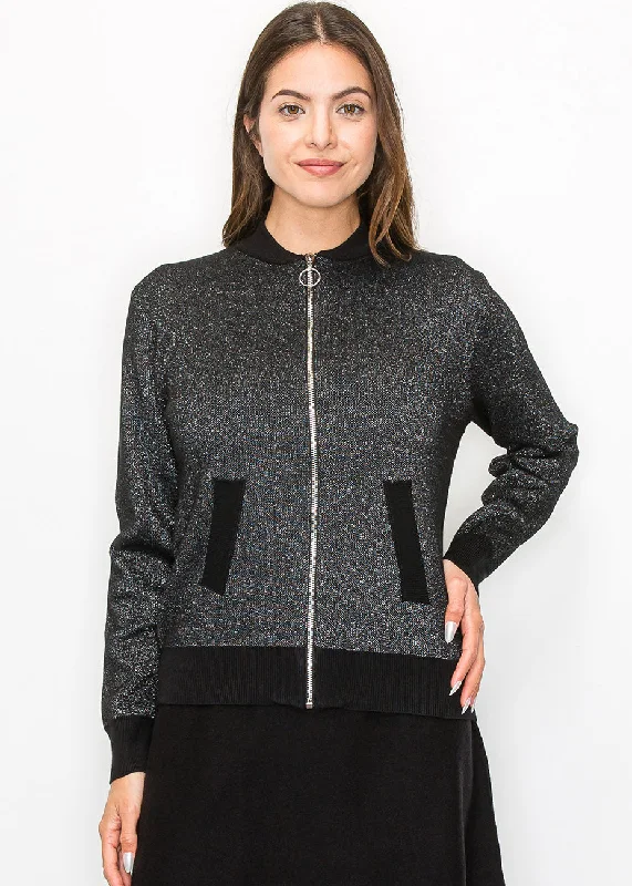 Women's Transitional Clothes Metallic Silver Knit Bomber Jacket