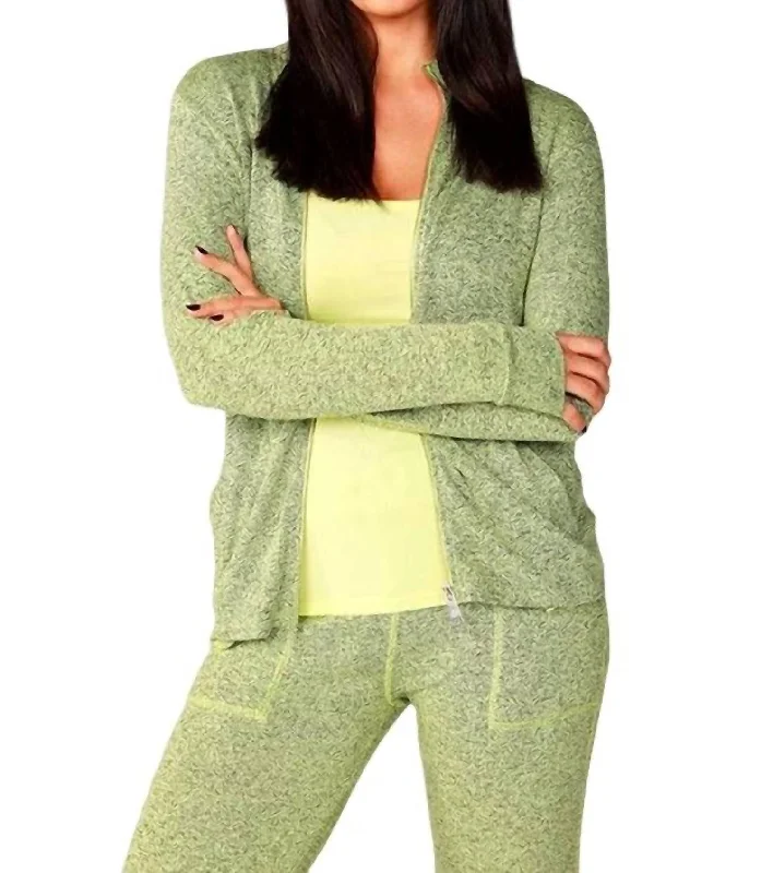 Modern Women's Fashion with Vintage Touches Melange Zip Jacket In Lime