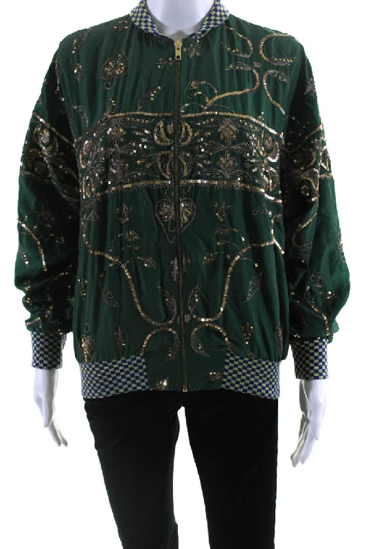 Designer Women's Fashion Online Ashish Womens Salvaged Sari Metallic Embroidered Bomber Jacket Green