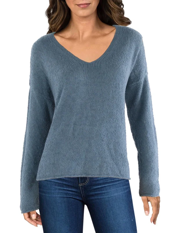 Women's Clothes And Apparel Womens Boucle Rolled Hem V-Neck Sweater