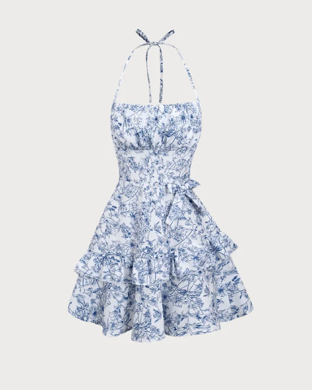 Women's Clothing For Everyday Wear Blue Floral Tiered Halter Mini Dress