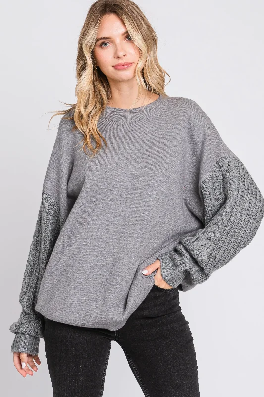 Women's Clothing For Everyday Wear Heather Grey Cable Knit Sleeve Sweater