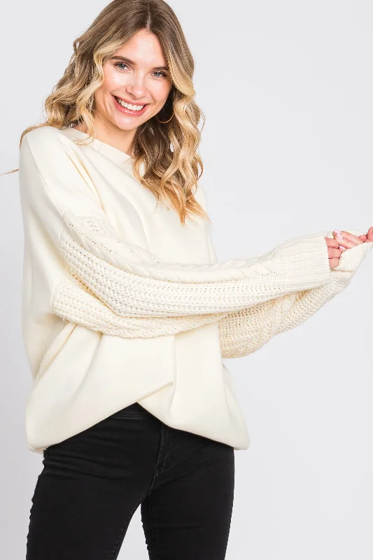 Women's Plus-Size Clothes Cream Cable Knit Sleeve Sweater