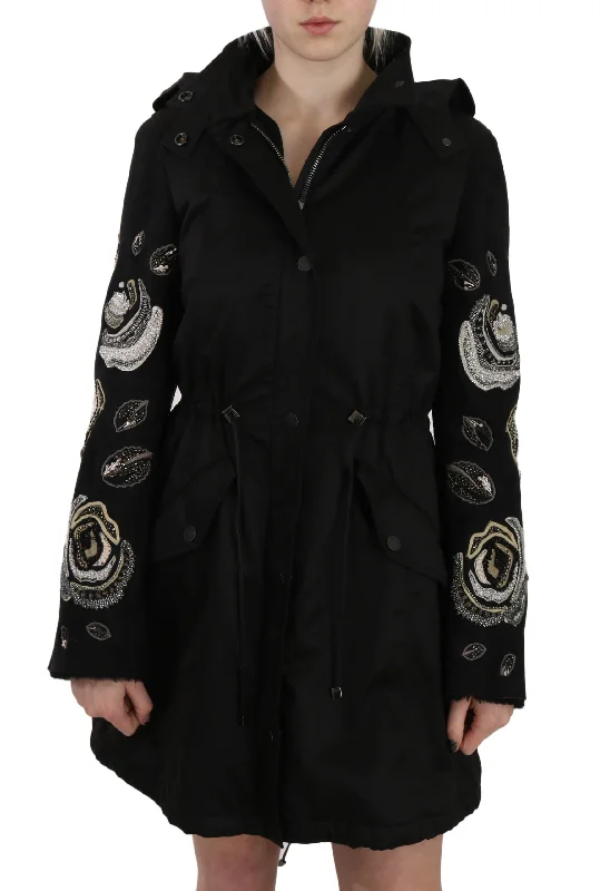 Casual Women's Clothing John Richmond Floral Sequined Beaded Hooded Jacket Women's Coat