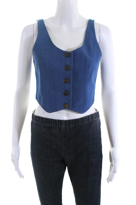 Women's Casual Outfit Aya Muse Womens Cosa Scoop Neck Button Up Denim Waistcoat Vest Blue