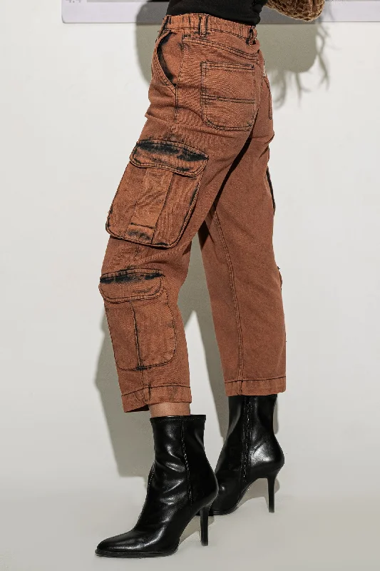 Women's Transitional Attire Denim Brown Washed Cargo Jeans