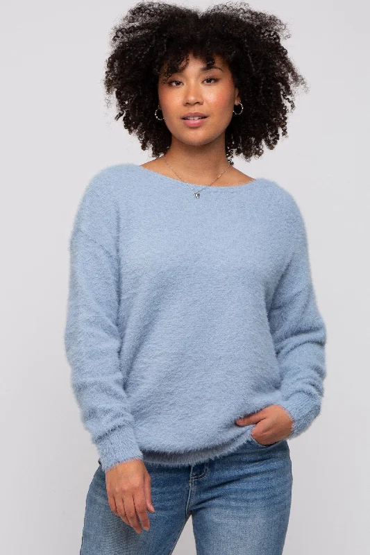 Women's Office Clothing Blue Fuzzy Knit Boat Neck Sweater