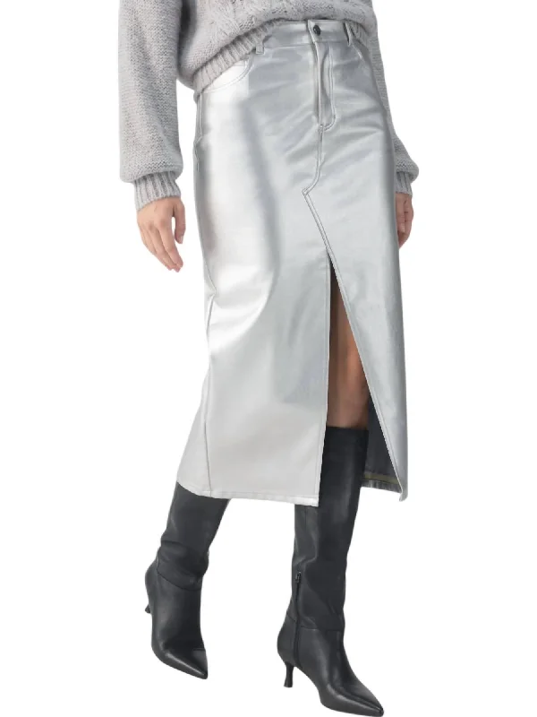 Women's Professional Apparel Leather Like Midi Skirt In Silver