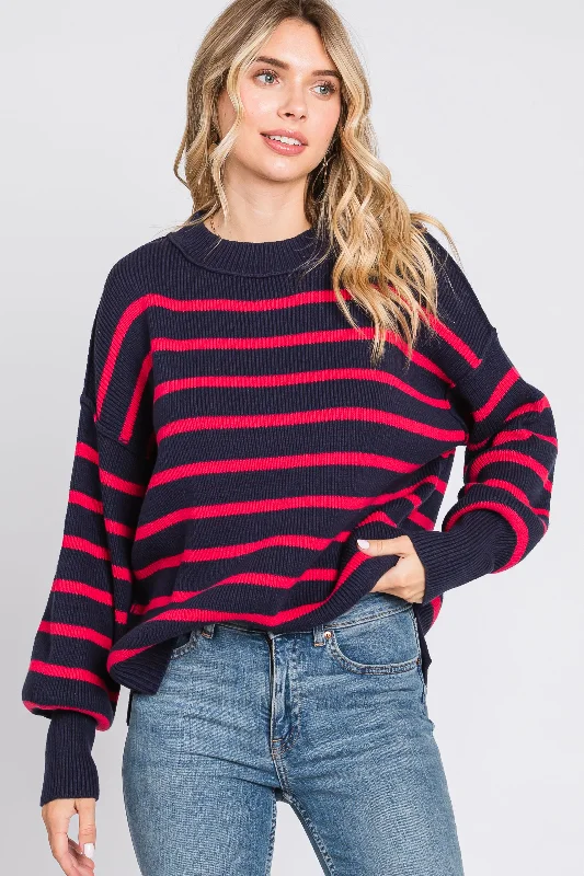 Women's Clothing Sets Navy Striped Long Sleeve Knit Sweater