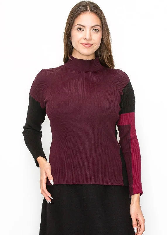 Affordable Fashion Clothing For Women Burgundy Sweater with Color Block Sleeves