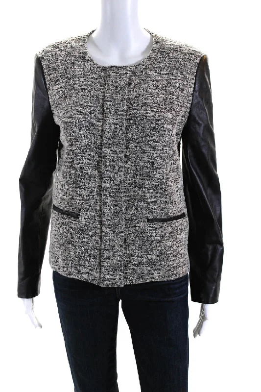 Feminine Dresses for Women in Bold Prints Barneys New York Womens Crew Neck Leather Trim Knit Jacket Black Gray Medium