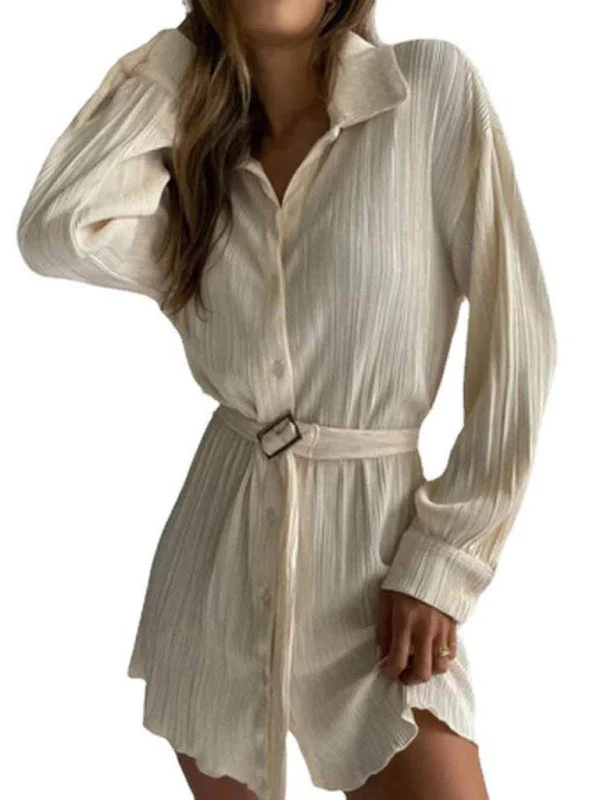 Casual Fashion Trends for Women BerryBetty - Pleated Long Sleeve Belted Shirt Casual Fashion Dress