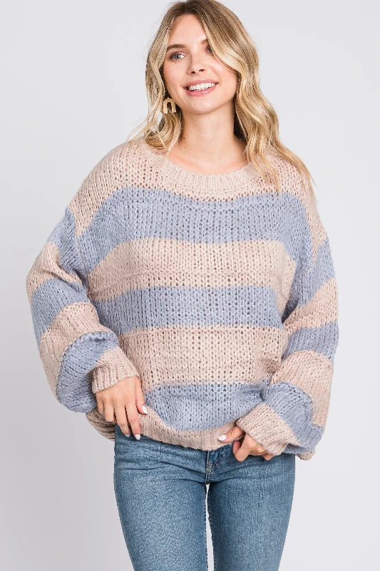 Women's Sporty Clothes Light Blue Striped Knit Sweater