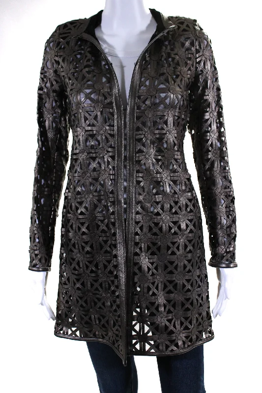 Chic Women's Clothing In Transit Womens Laser Cut Metallic Mesh Leather Jacket Brown Black