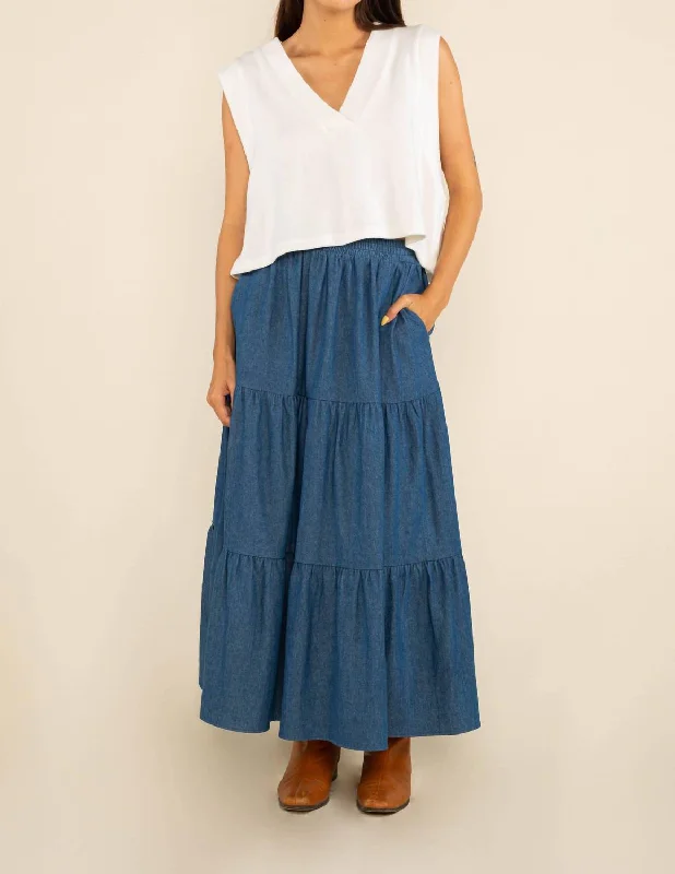 Timeless Women's Clothes Tiered Cotton Skirt In Mid Wash