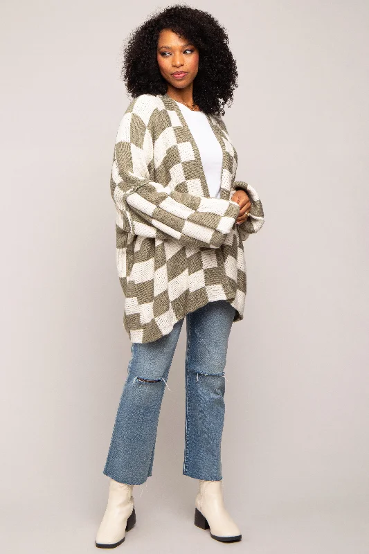 Affordable Online Boutique Olive Checkered Print Oversized Cardigan