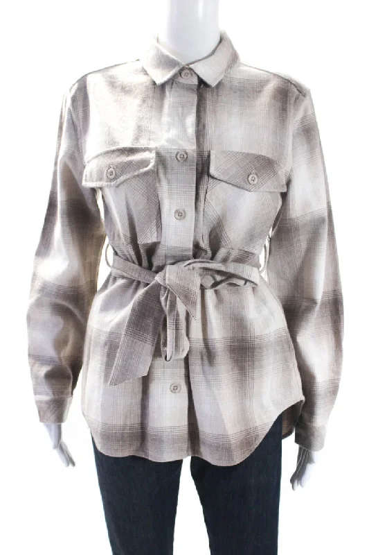 Women's Elegant Evening Outfit Bella Dahl Womens Cotton Plaid Print Button Collared Belted Jacket Brown