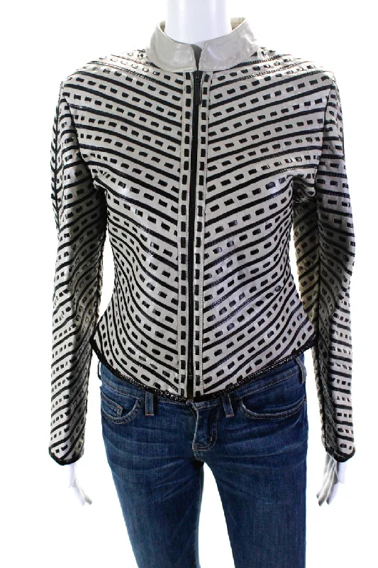 Formal Outfit For Women Natto Womens Woven Leather Stripe High Neck Full zip Jacket Gray Black Medium