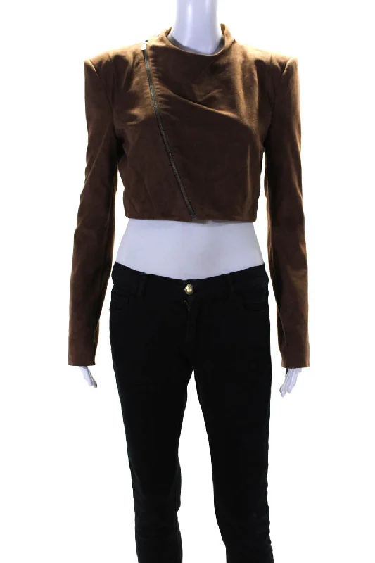 Women's Evening Wear for Special Occasions BCBG Max Azria Womens Zipped Collared Cropped Long Sleeve Jacket Brown