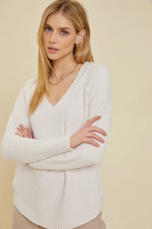 Clothing Woman Ivory Fuzzy Soft Knit Sweater