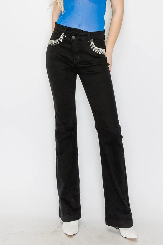 Tailored Clothing For Women EMBELLISHED HIGH RISE CROSS OVER FLARE JEANS