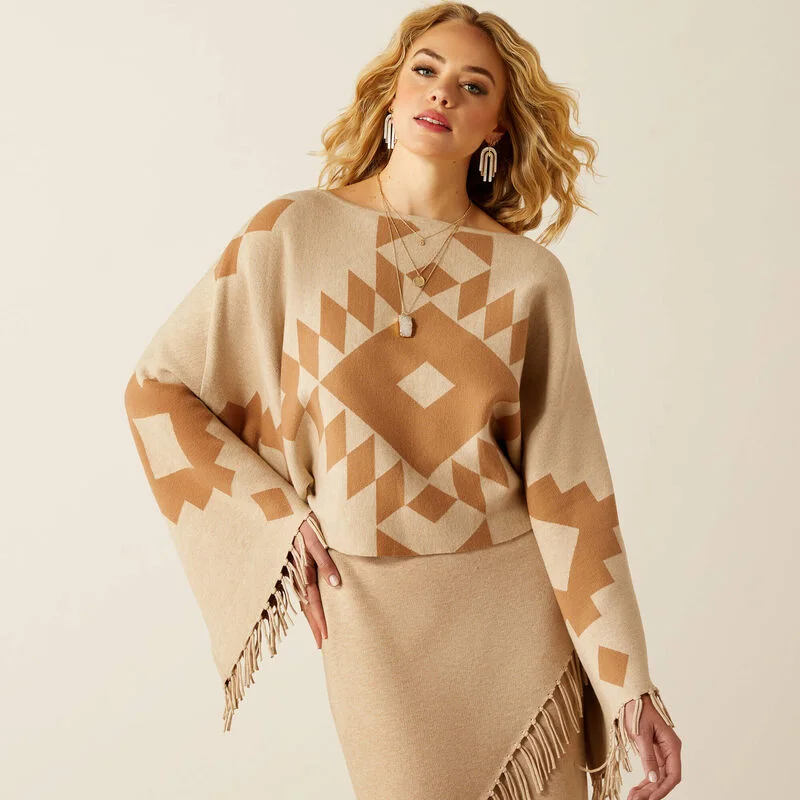 Chic Women's Clothing for Date Nights Ariat Women’s Sunset Chic Sweater Poncho in Southwest Oatmeal & Tannin