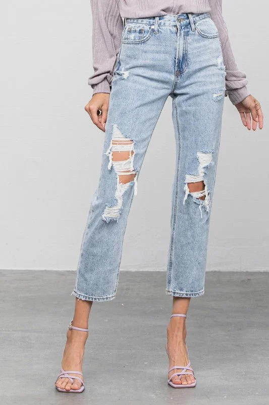 Charming Women's Holiday Apparel High Rise Ripped Girlfriend Jeans