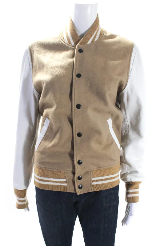 Women's Functional Outfit For Outdoor Activities John Elliott Women's Long Sleeves Button Up Pockets Bomber Jacket Beige