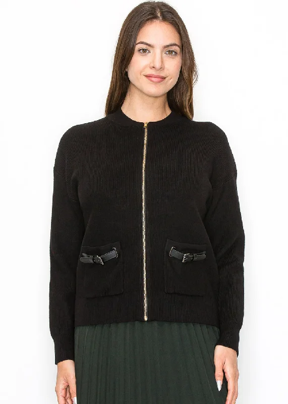 Women's Trendy Clothing Black Zip Cardigan with Pocket Detail