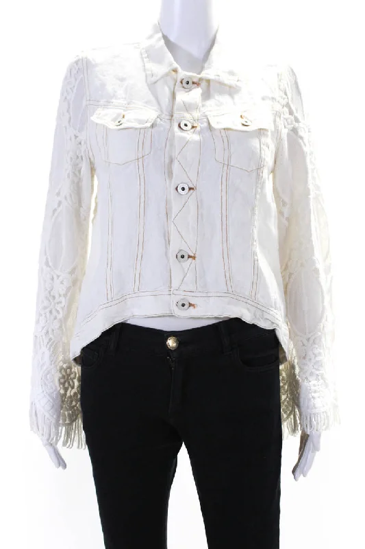 Women's Trendy Outfits Sunday Tropez Womens Elvis Mesh Embroidered Sleeve Linen Jacket White