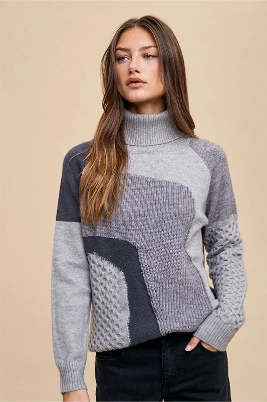 Women's Athleisure Apparel Grey Combo Turtleneck Multi Pattern Mixed Sweater Top