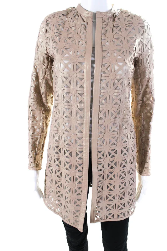 Everyday Women's Fashion Trends In Transit Womens Laser Cut Leather Hook & Eye Long Jacket Beige