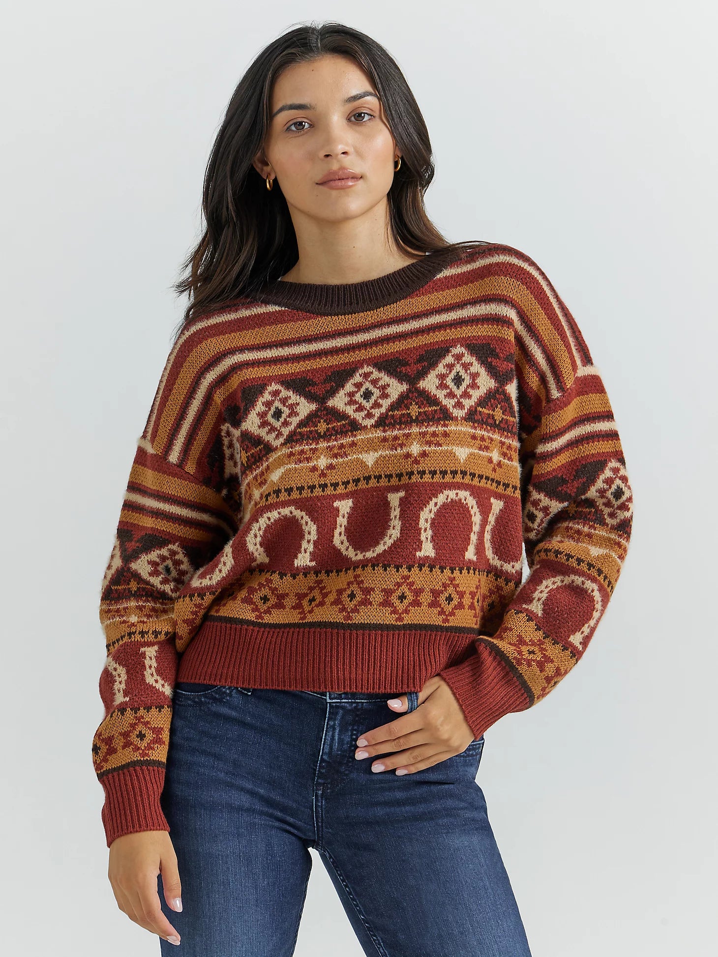 Stylish Dresses for Women Wrangler Retro Women's Southwestern Pullover Sweater in Horseshoe Burgundy