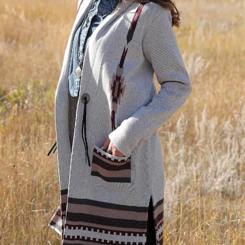 Casual and Comfortable Outfits Cruel Women's Southwestern Knitted Duster in Gray & Burgundy