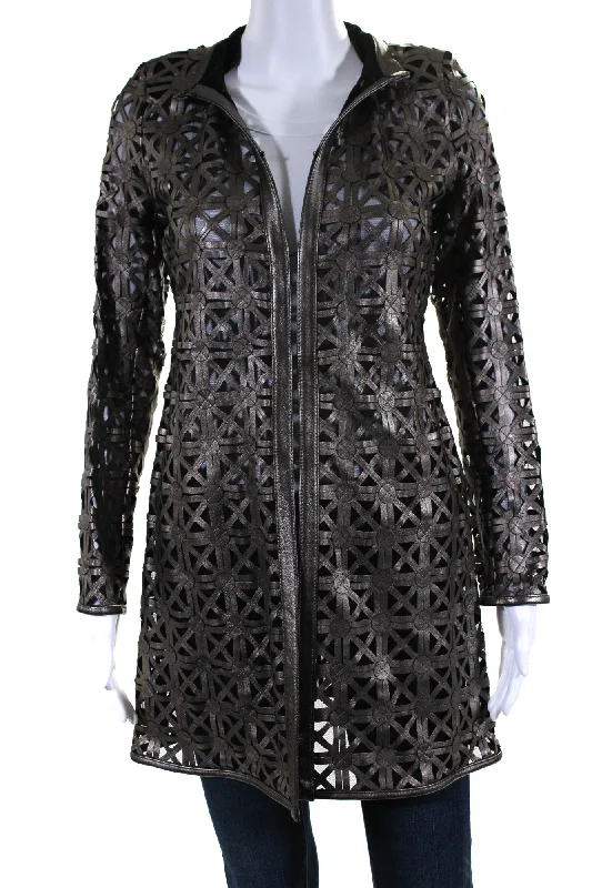 Women's Vintage-Inspired Outfit In Transit Womens Laser Cut Metallic Mesh Leather Jacket Brown Black