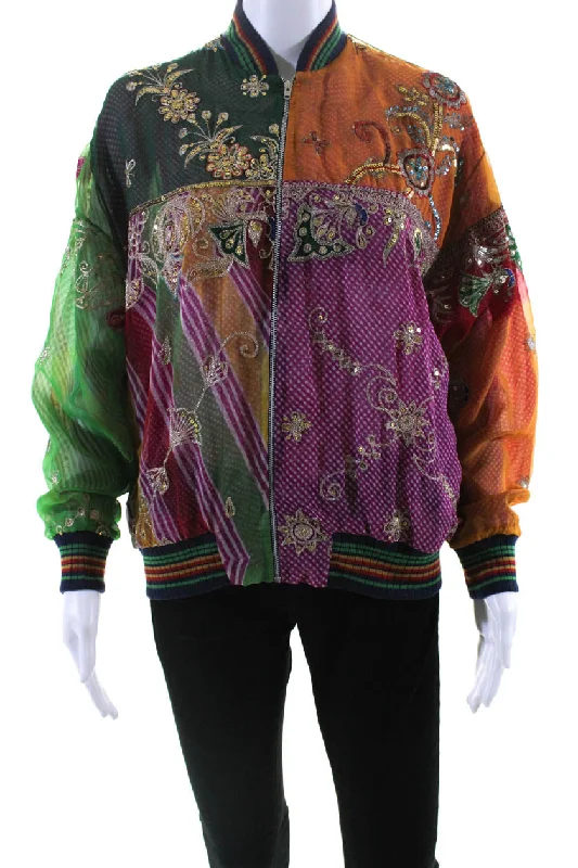 Plus Size Women's Fashion Ashish Womens Salvaged Sari Patchwork Sequin Bomber Jacket Multicolor