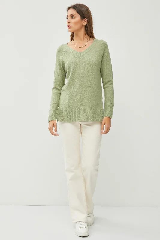 Women's Clothing Light Olive V-Neck Basic Sweater