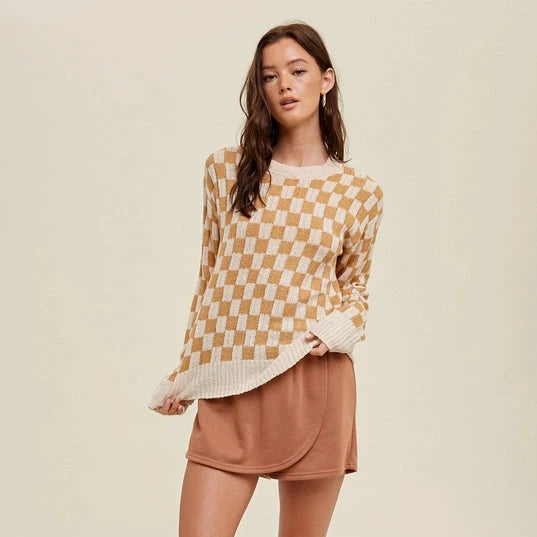 Designer Women's Fashion Online Women's Lightweight Checkered Pullover Sweater in Cream & Caramel