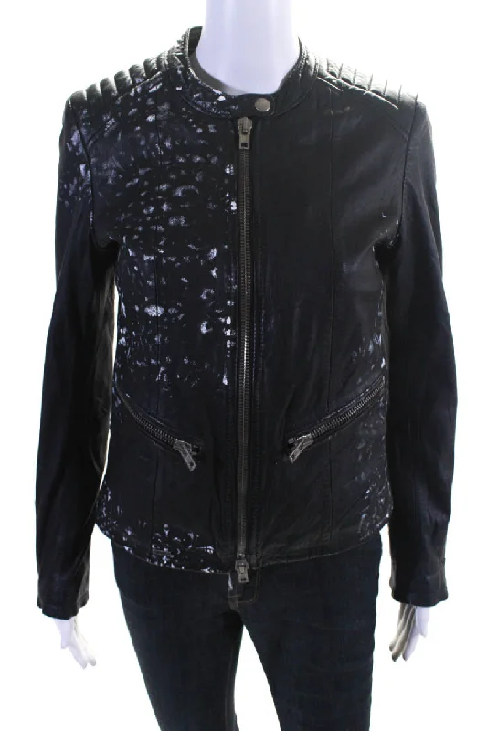 Women's Office Outfit S.W.O.R.D Womens Front Zip Paint Splatter Leather Jacket Black White