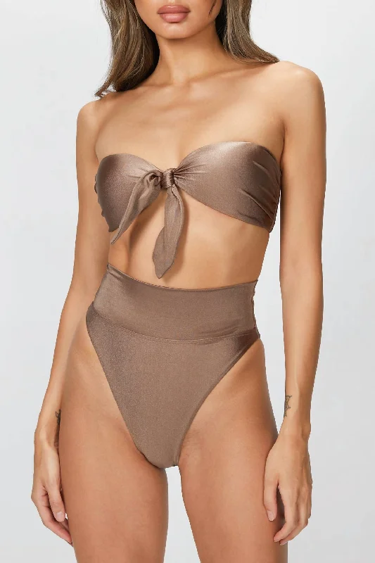 Vintage-Inspired Garments Solid High-Leg Strapless Bikini Set In Nut Brown